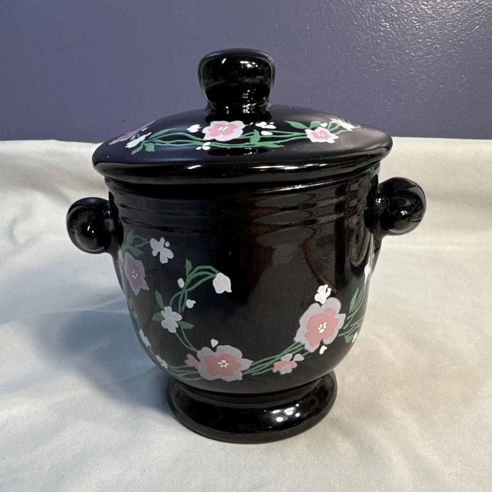 Vintage Black Ceramic Floral Lidded Powder Jar Canister Vanity Pot Ball Handles